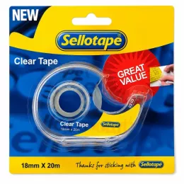 Sellotape clear tape 18mm x 25m in blue and yellow blister packaging