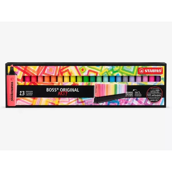 STABILO BOSS Original Highlighter Desk Set 23s front view STABILO BOSS Original 23 colour highlighter desk set front packaging view