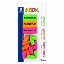 Staedtler pack with 3 neon block erasers and 12 assorted pencil-cap erasers