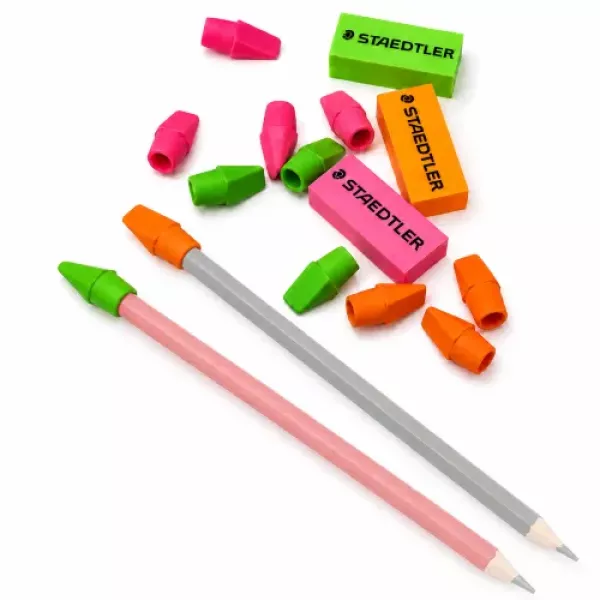 Staedtler pack with 3 neon block erasers and 12 assorted pencil-cap erasers