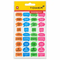 TOWER Afrikaans teacher encouragement stickers 108 pack featuring colourful speech bubbles with positive Afrikaans praise messages
