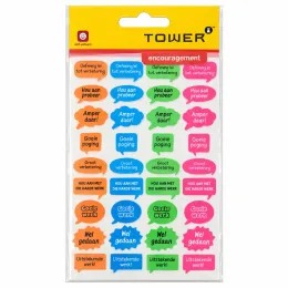 TOWER Afrikaans teacher encouragement stickers 108 pack featuring colourful speech bubbles with positive Afrikaans praise messages