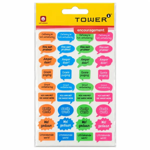 TOWER Afrikaans teacher encouragement stickers 108 pack featuring colourful speech bubbles with positive Afrikaans praise messages