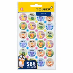 TOWER Round Animal Reward Stickers 585 Pack - Front TOWER round animal reward stickers 585 pack featuring colourful animals, praise messages and star stickers