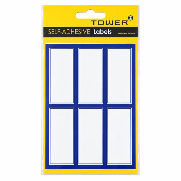TOWER blue border book labels 24 pack with white writing areas for school books and files