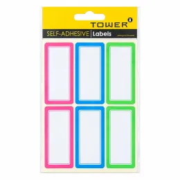 TOWER mixed colour border labels 34x75mm 12 pack with pink, blue and green self-adhesive rectangular labels