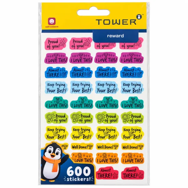 TOWER Positive Praises Reward Stickers 600 Pack - Front TOWER Positive Praises reward stickers 600 pack with colourful motivational messages including Proud of You and Well Done