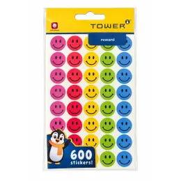 TOWER colourful smiley face reward stickers 600 pack with pink, red, yellow, green and blue designs