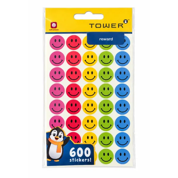 TOWER Smiley Face Reward Stickers 600 Pack - Front TOWER colourful smiley face reward stickers 600 pack with pink, red, yellow, green and blue designs