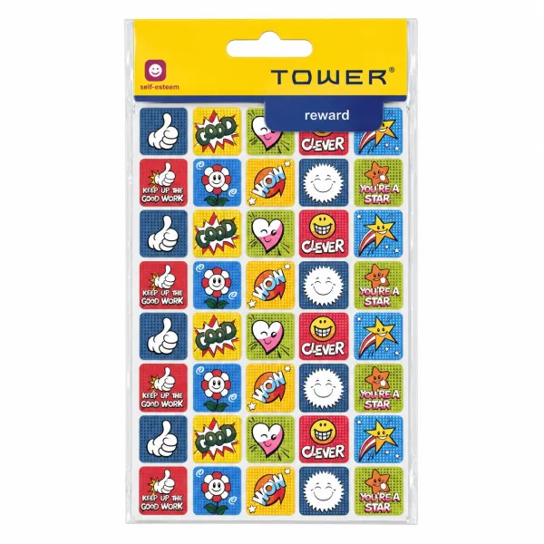 TOWER glitter square reward stickers 120 pack with colourful comic-style praise messages and designs