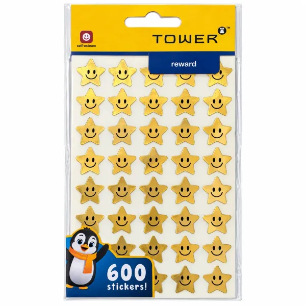 TOWER gold smiley star reward stickers 600 pack featuring gold five-pointed stars with smiling faces