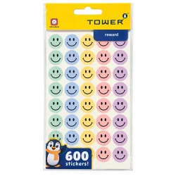 TOWER pastel smiley face reward stickers 600 pack in mint green, blue, yellow, pink and lilac