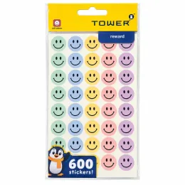 TOWER pastel smiley face reward stickers 600 pack in mint green, blue, yellow, pink and lilac