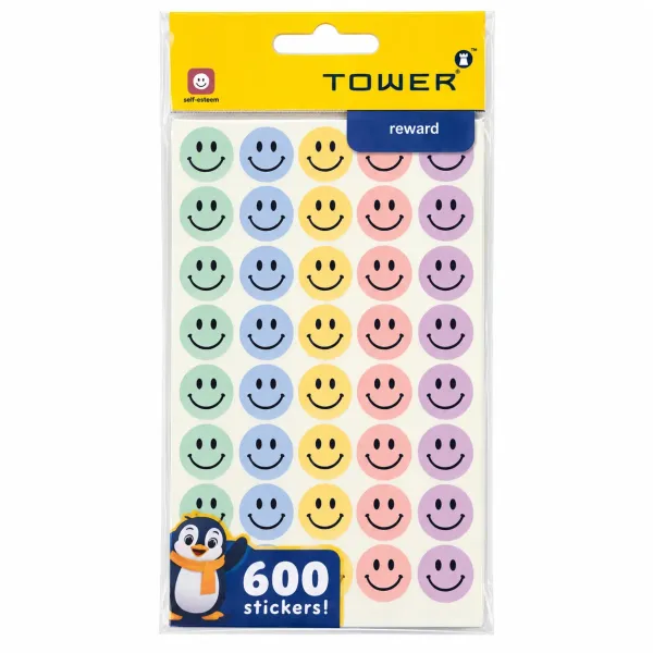 TOWER Pastel Smiley Face Reward Stickers 600 Pack - Front TOWER pastel smiley face reward stickers 600 pack in mint green, blue, yellow, pink and lilac