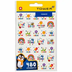 TOWER colourful square reward stickers 480 pack featuring praise messages, rainbows, flowers and animals