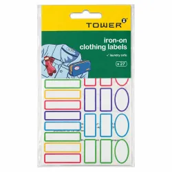TOWER Iron-On Clothing Labels 27 Pack - Front TOWER iron-on clothing labels 27 pack with assorted colourful name labels for school uniforms and clothing