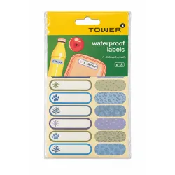 TOWER Waterproof School Labels Blue 18 Pack - Front TOWER waterproof school labels blue 18 pack with assorted dishwasher-safe labels for bottles and lunchboxes