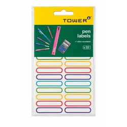 TOWER Ultra Resistant Pen Labels 10x50mm 52 Pack - Front TOWER ultra resistant pen labels 52 pack featuring colourful self-adhesive 10x50mm name labels for school stationery