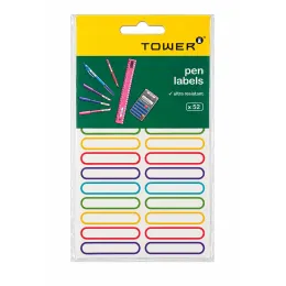 TOWER ultra resistant pen labels 52 pack featuring colourful self-adhesive 10x50mm name labels for school stationery