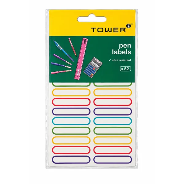 TOWER ultra resistant pen labels 52 pack featuring colourful self-adhesive 10x50mm name labels for school stationery