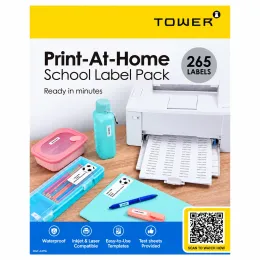 TOWER A4 print-at-home school label pack with 265 waterproof printable name labels for inkjet and laser printers