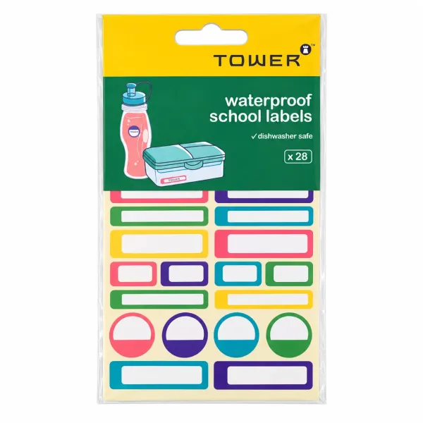 TOWER waterproof school labels 28 pack with assorted colourful dishwasher-safe name labels