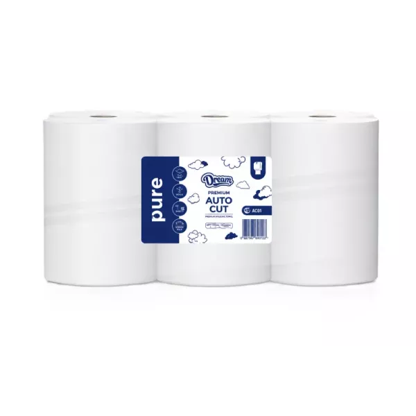 Front label view of AutoCut paper hand towel rolls 1 ply 35gsm pack of 6