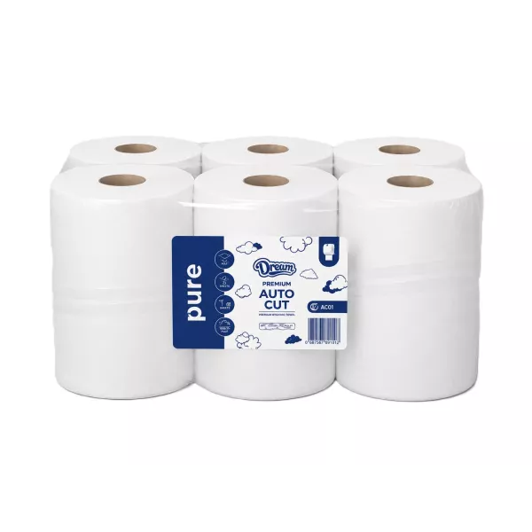 Front label view of AutoCut paper hand towel rolls 1 ply 35gsm pack of 6