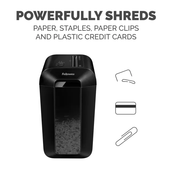 Fellowes LX65 Cross-Cut Shredder Angled View Angled view of the Fellowes Powershred LX65 black cross-cut paper shredder