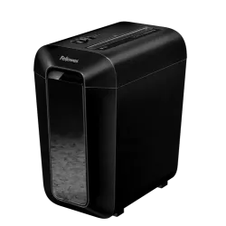 Angled view of the Fellowes Powershred LX65 black cross-cut paper shredder