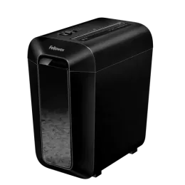 Angled view of the Fellowes Powershred LX65 black cross-cut paper shredder
