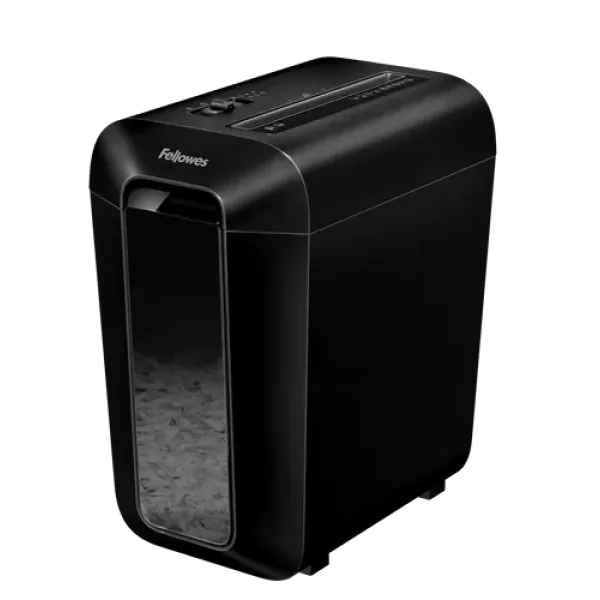 Fellowes LX65 Cross-Cut Shredder Angled View Angled view of the Fellowes Powershred LX65 black cross-cut paper shredder