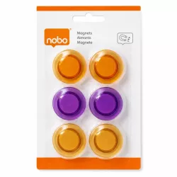 Nobo Magnetic Whiteboard Magnets 30mm assorted 6 pack shown in front blister pack view