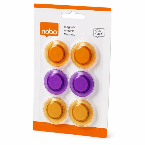 Nobo Magnetic Whiteboard Magnets 30mm assorted 6 pack shown in front blister pack view