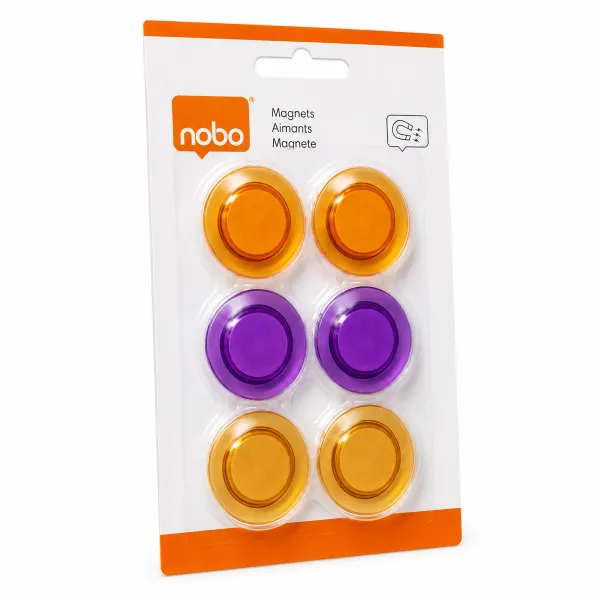 Nobo Magnetic Whiteboard Magnets 30mm assorted 6 pack shown in front blister pack view