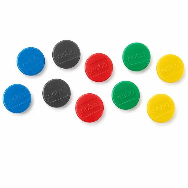 Nobo Magnetic Whiteboard Magnets 32mm assorted 10 pack shown in front packaging view