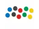 Nobo 32mm assorted coloured magnetic whiteboard magnets shown loose on a white background