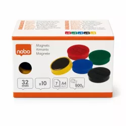 Nobo Magnetic Whiteboard Magnets 32mm assorted 10 pack shown in front packaging view