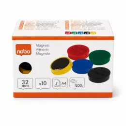 Nobo Magnetic Whiteboard Magnets 32mm assorted 10 pack shown in front packaging view