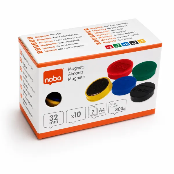 Nobo Magnetic Whiteboard Magnets 32mm assorted 10 pack shown in front packaging view