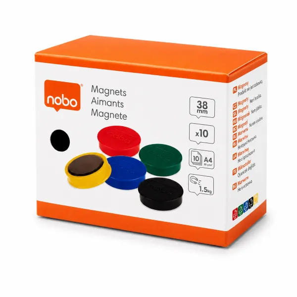 Nobo Magnetic Whiteboard Magnets 38mm assorted 10 pack shown in front packaging view