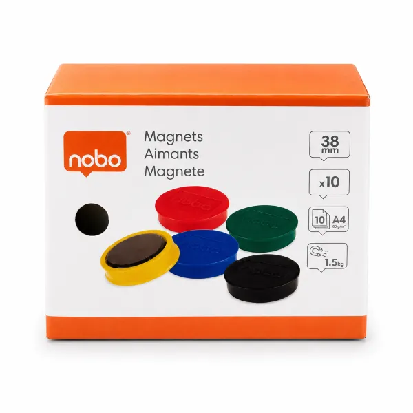 Nobo Magnetic Whiteboard Magnets 38mm assorted 10 pack shown in front packaging view