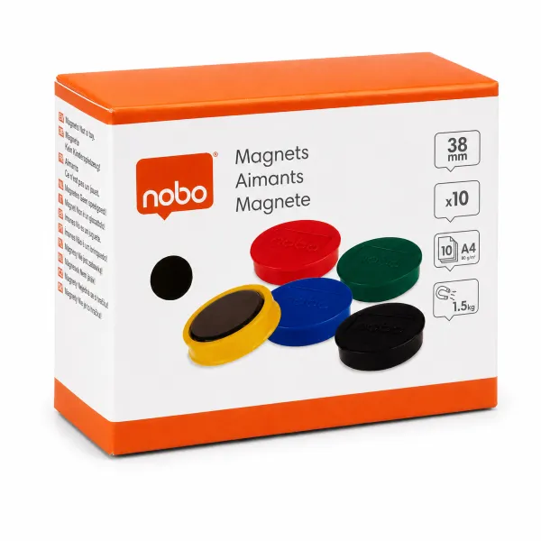 Nobo Magnetic Whiteboard Magnets 38mm assorted 10 pack shown in front packaging view