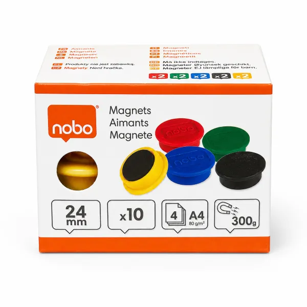Nobo Magnetic Whiteboard Magnets 24mm assorted 10 pack shown in front packaging view