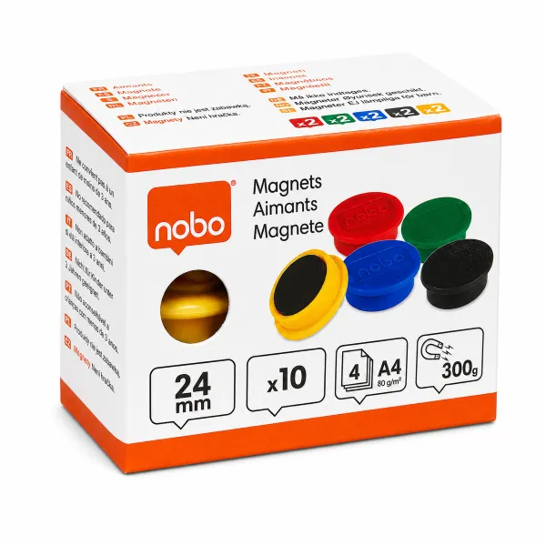 Nobo Magnetic Whiteboard Magnets 24mm assorted 10 pack shown in front packaging view