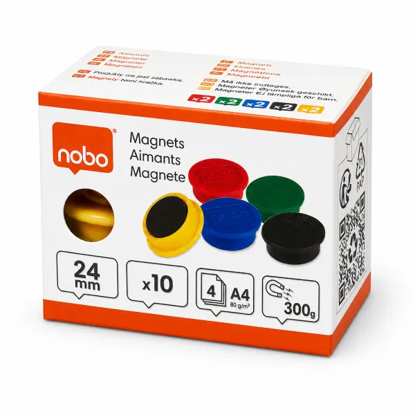 Nobo Magnetic Whiteboard Magnets 24mm assorted 10 pack shown in front packaging view