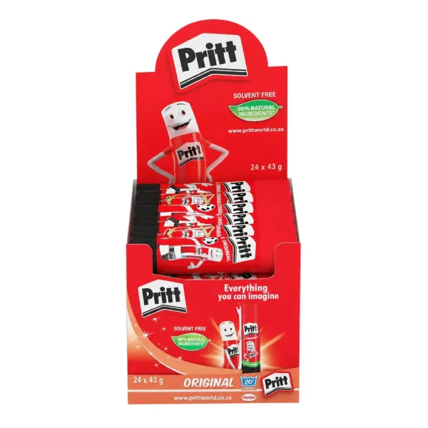 PRITT Glue Stick 43g Dispenser Box 24 Pack Angled View PRITT Glue Stick 43g Dispenser Box 24 Pack angled product view
