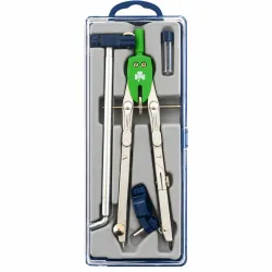 Draughtsman precision compass and extension set in a closed protective case