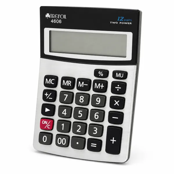 Trefoil 4606 12 Digit Two Power Calculator Front View Trefoil 4606 12 digit two power calculator with large display and black silver keypad front view