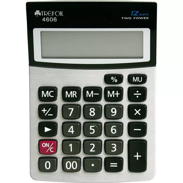Trefoil 4606 12 Digit Two Power Calculator Front View Trefoil 4606 12 digit two power calculator with large display and black silver keypad front view